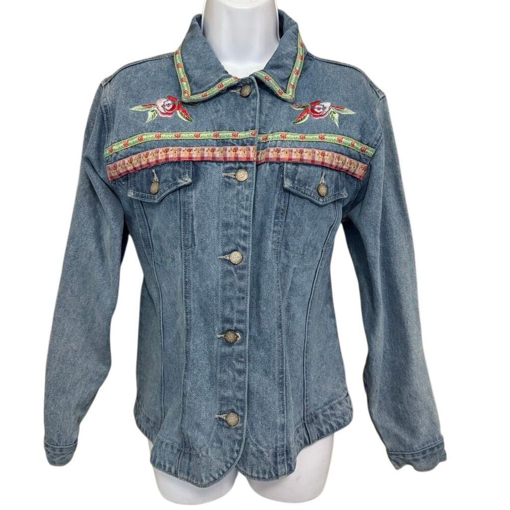 Vintage Y2K Bill Blass Embroidered Floral Denim Jacket Medium Cottagecore Boho